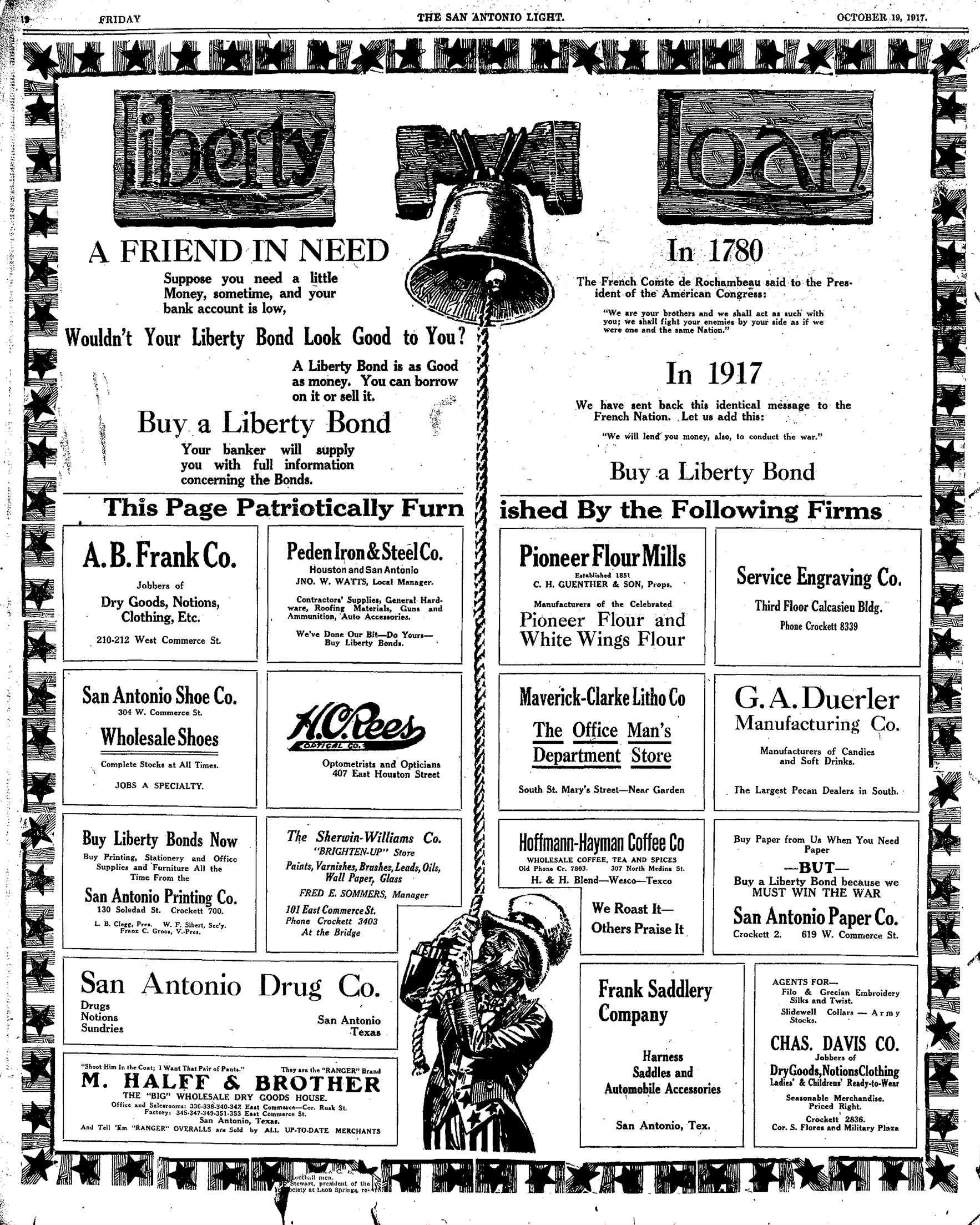 Full page Liberty Loan art: bell, star border, directory grid; Hoffmann-Hayman 307 N. Medina
